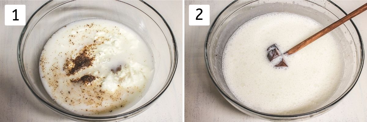 Collage of 2 images showing ingredients in a bowl and whisked using madani.