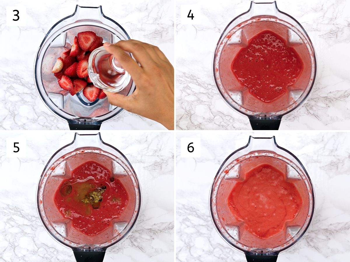 Collage of 4 steps showing grinding strawberries, adding rest wet ingredients and blending.