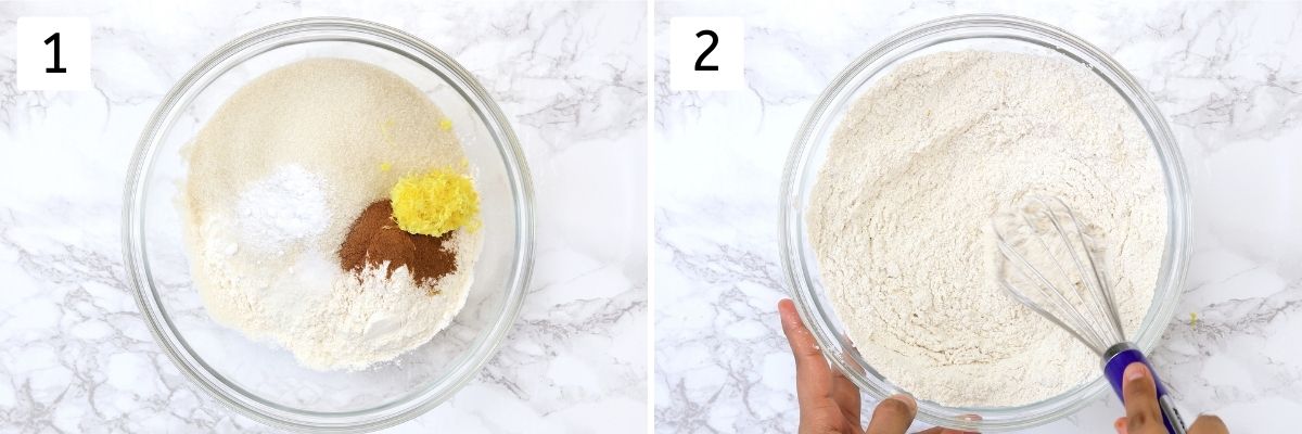 Collage of 2 steps showing dry ingredients in a bowl and mixing.