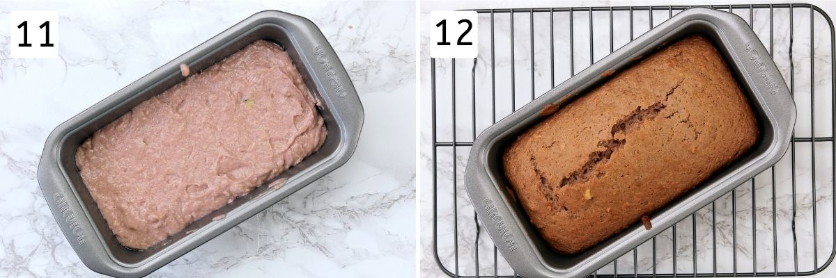 Collage of 2 steps showing batter in a loaf pan and baked strawberry bread.