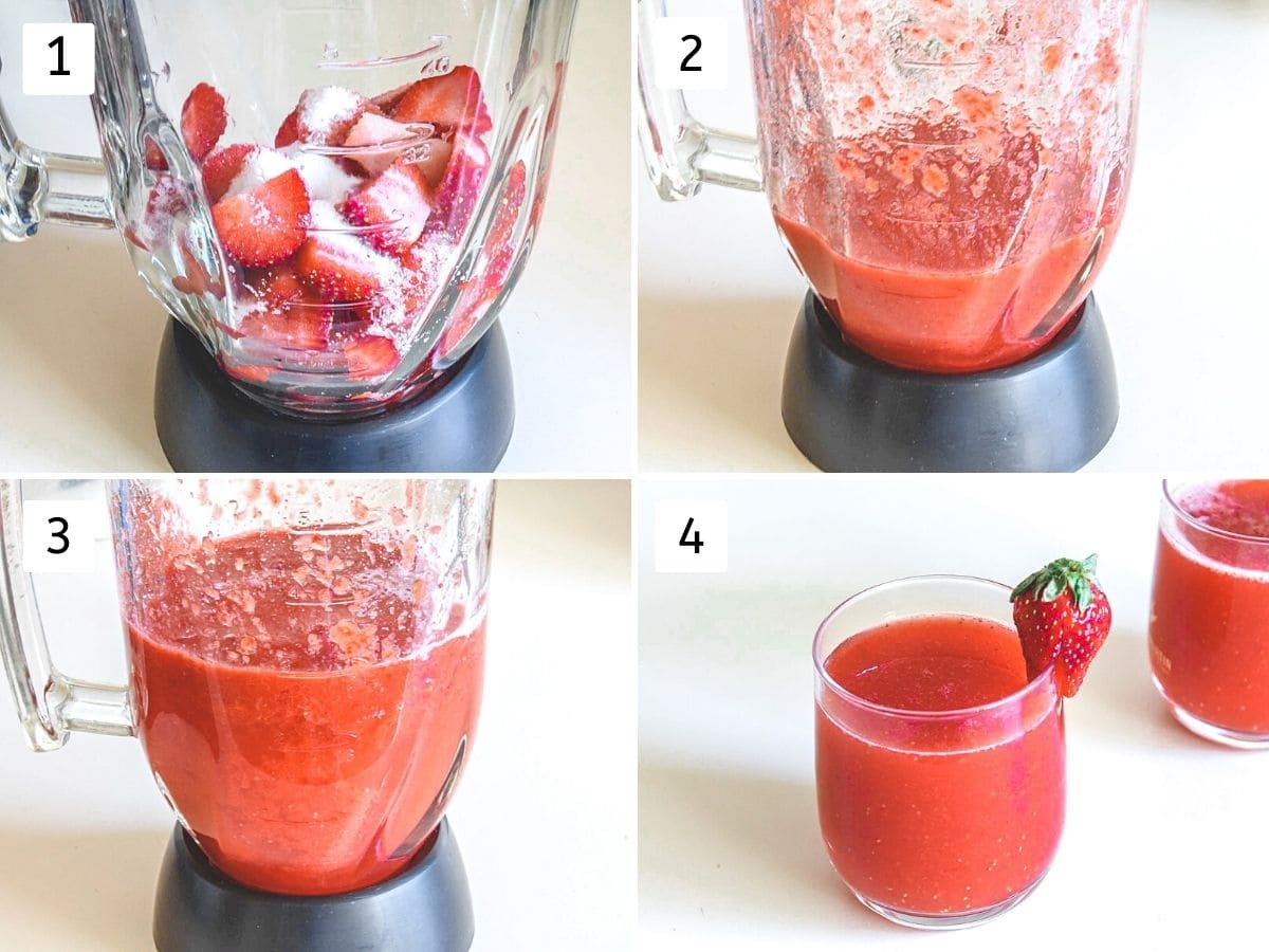 Collage of 4 steps showing strawberies, sugar in a blender, smooth puree, juice with water and served in a glass.