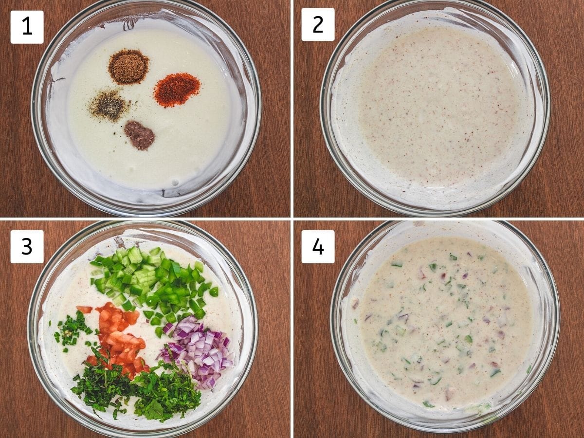 Collage of 4 steps showing mixing spices in the yogurt, adding mixed vegetables and mixing.