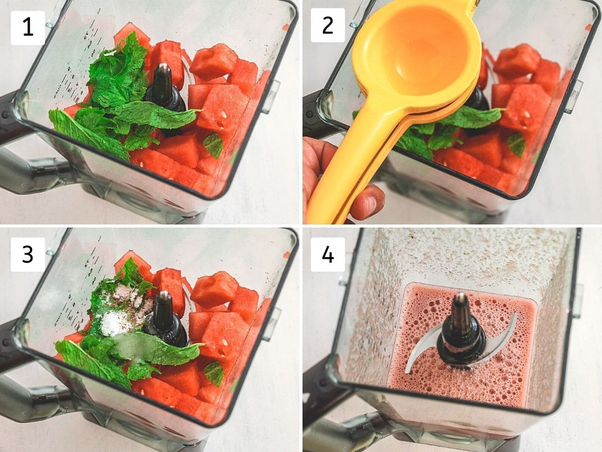 Collage of 4 steps showing watermelon cubes, spices and lemon juice in a blender and ready juice.