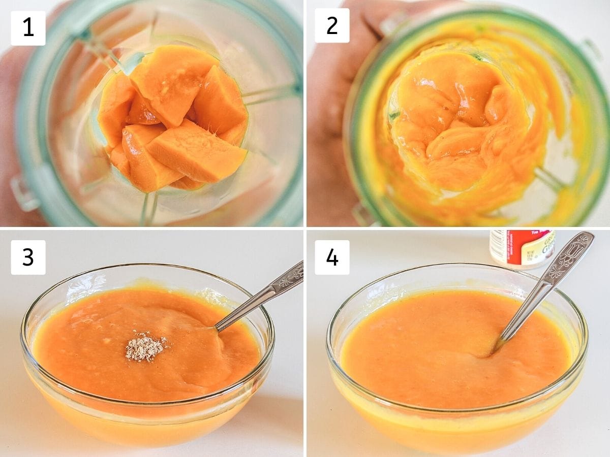 Collage of 4 images showing chopped mangoes into a blender, pulp, adding ginger and mixed aamras.
