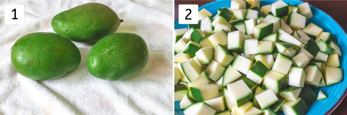 Collage of 2 images showing raw mangoes and cut into cubes.