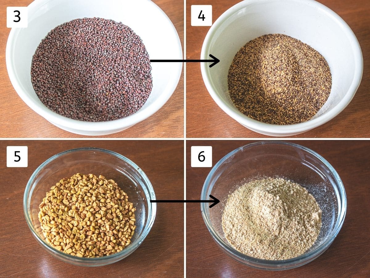 Collage of 4 images showing mustard seeds and ground form, methi seeds and ground form.