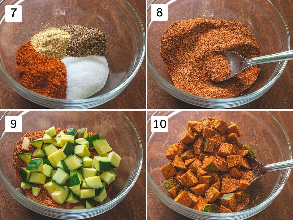 Collage of 4 images showing spices in a bowl, adding and mixing mango pieces.