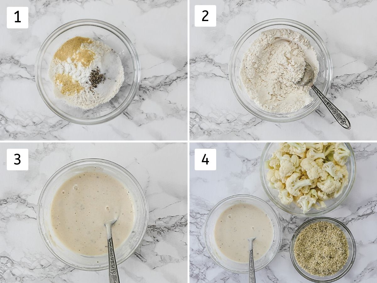 Collage of 4 images showing batter ingredients in a bowl, ready batter and 3 bowls ready.