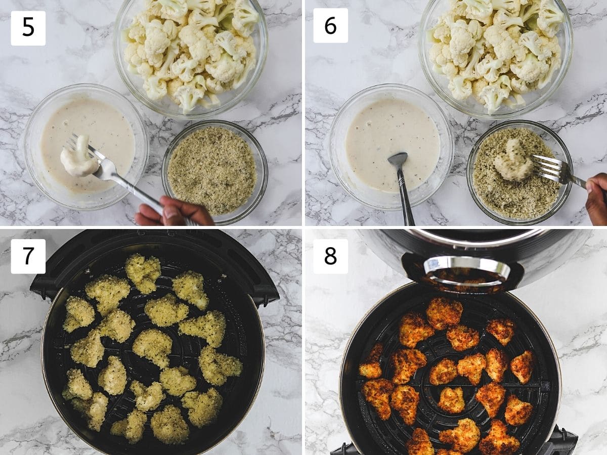 Collage of 4 images showing coating floret with batter, breadcrumb and air frying.