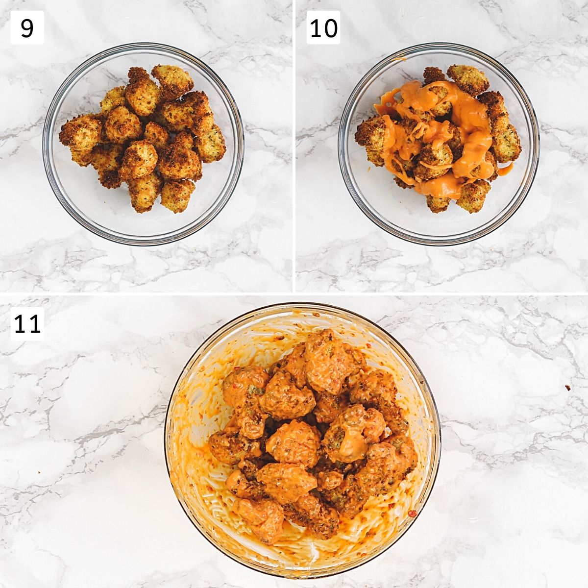 Collage of 3 images showing air fryed florets in a bowl, adding sauce and tossing.