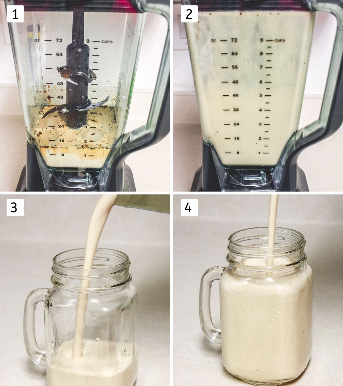 Collag of 4 images showing ingredients in the blender, blending and pouring into the mug.