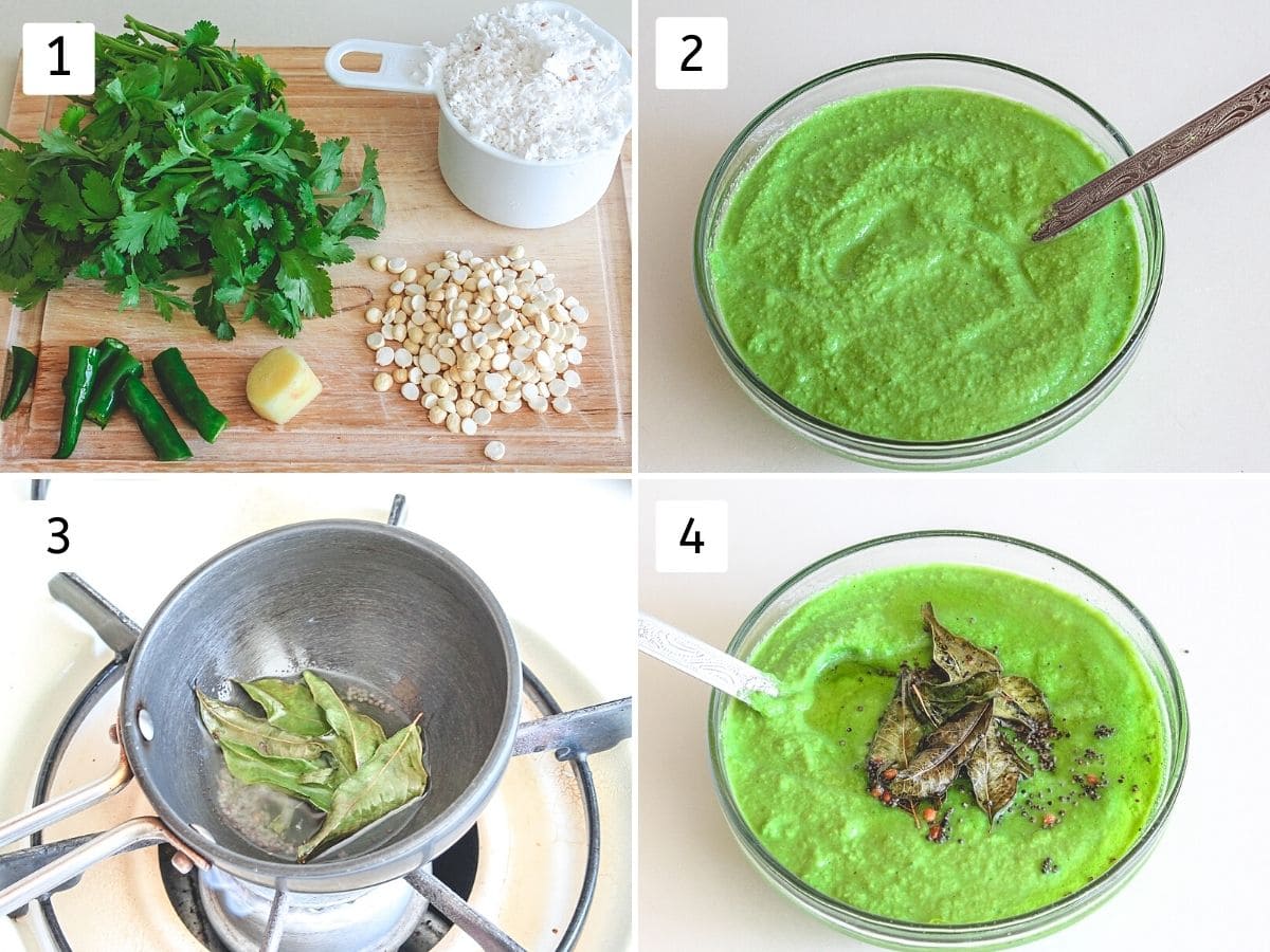 Collage of 4 images showing chutney ingredients, ground into smooth paste, tadka is made and added.