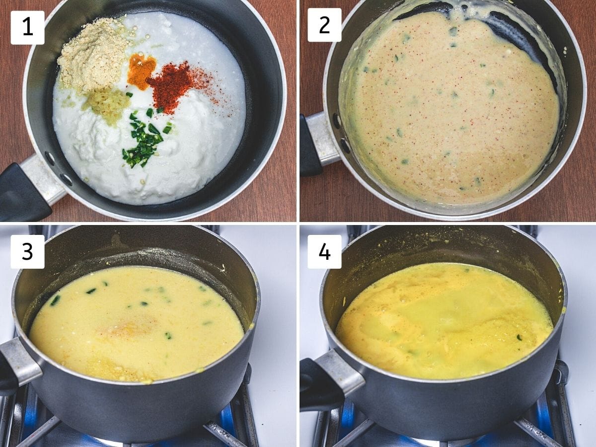 Collage of 4 images showing yogurt with other ingredients, mixed, adding mango pulp and simmering.