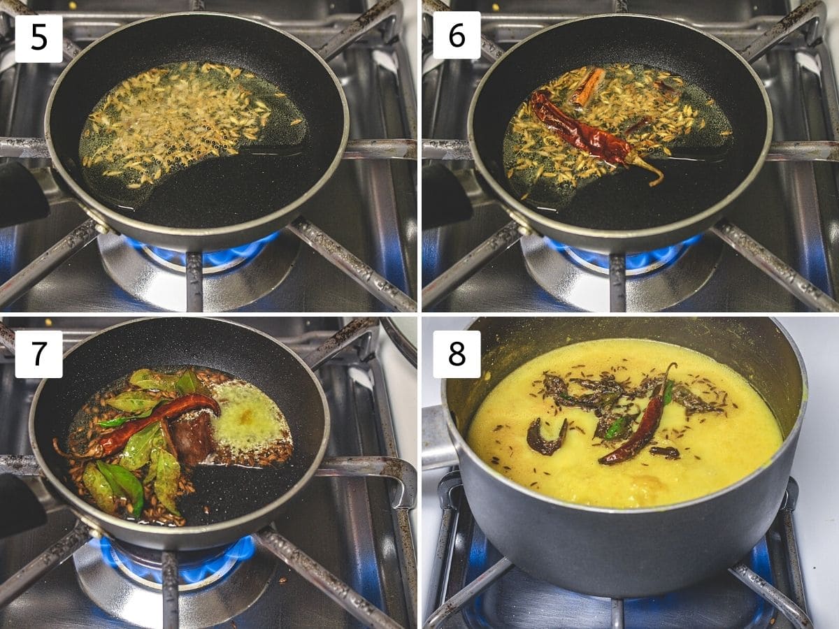 Collage of 4 images showing tempering is made and added to the simmering mango kadhi.