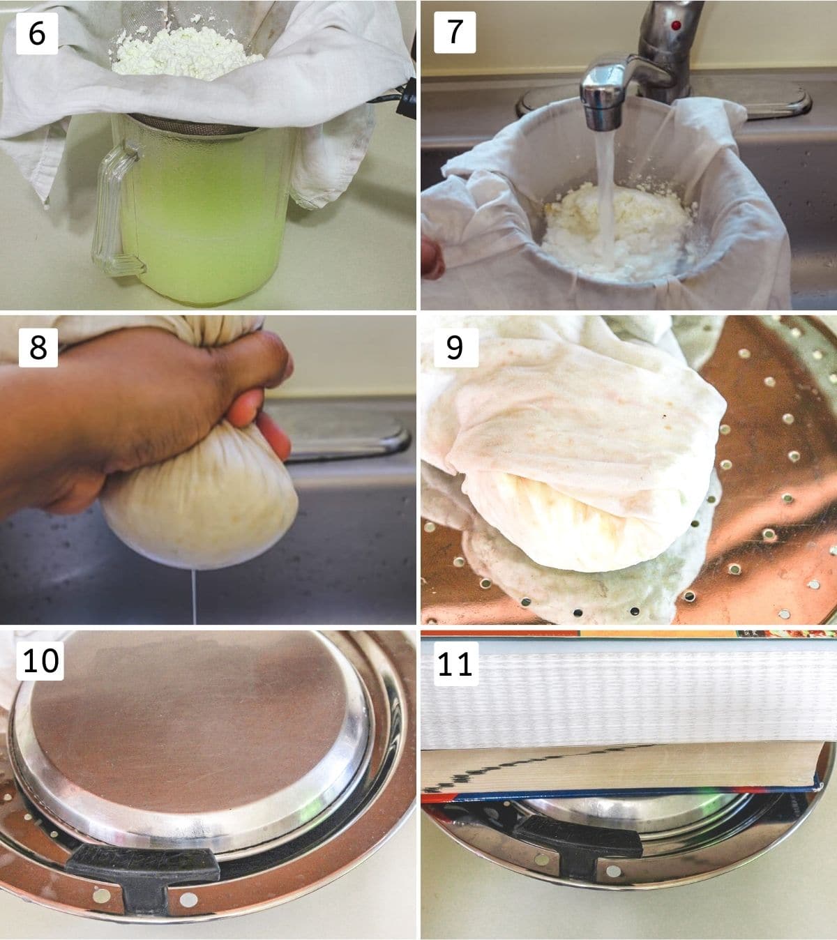 Collage of 6 images showing draining paneer, putting the weight on to set.