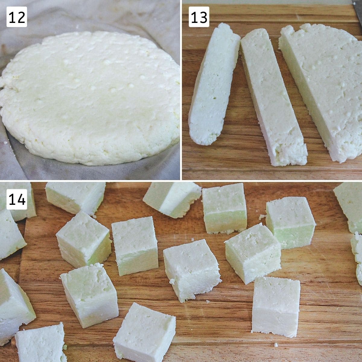 Collage of 3 images showing paneer blocks, cut into strips and the cut into paneer cubes.