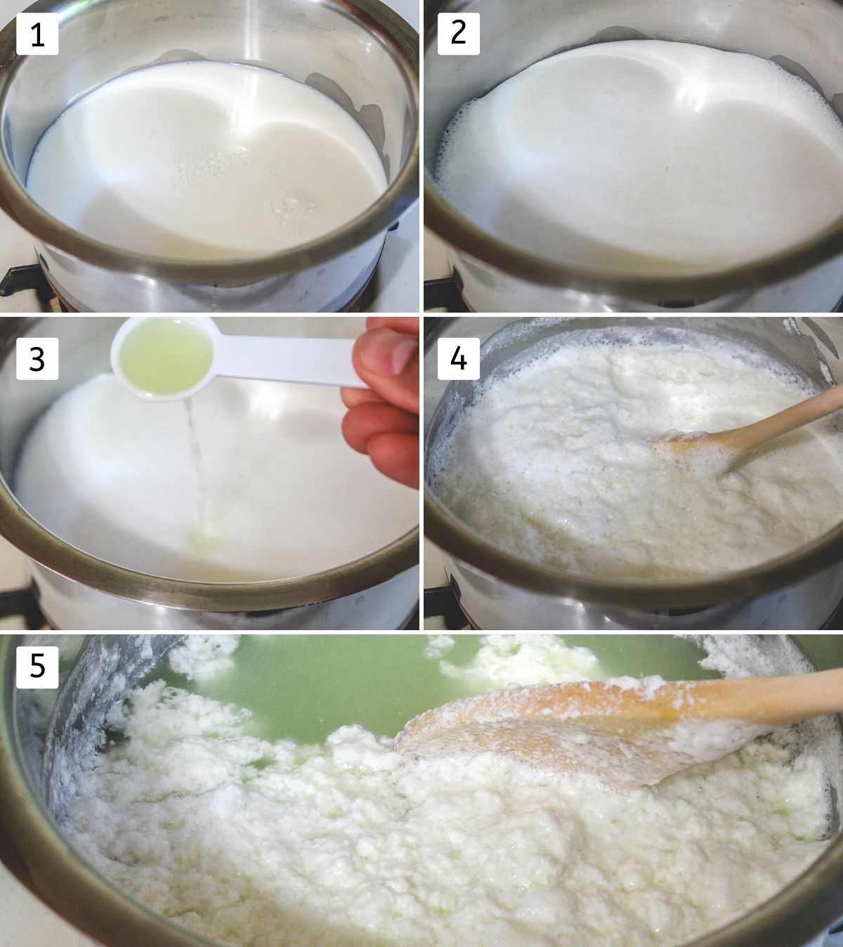 Collage of 5 images showing boiling milk, adding lemon juice and curdled milk.