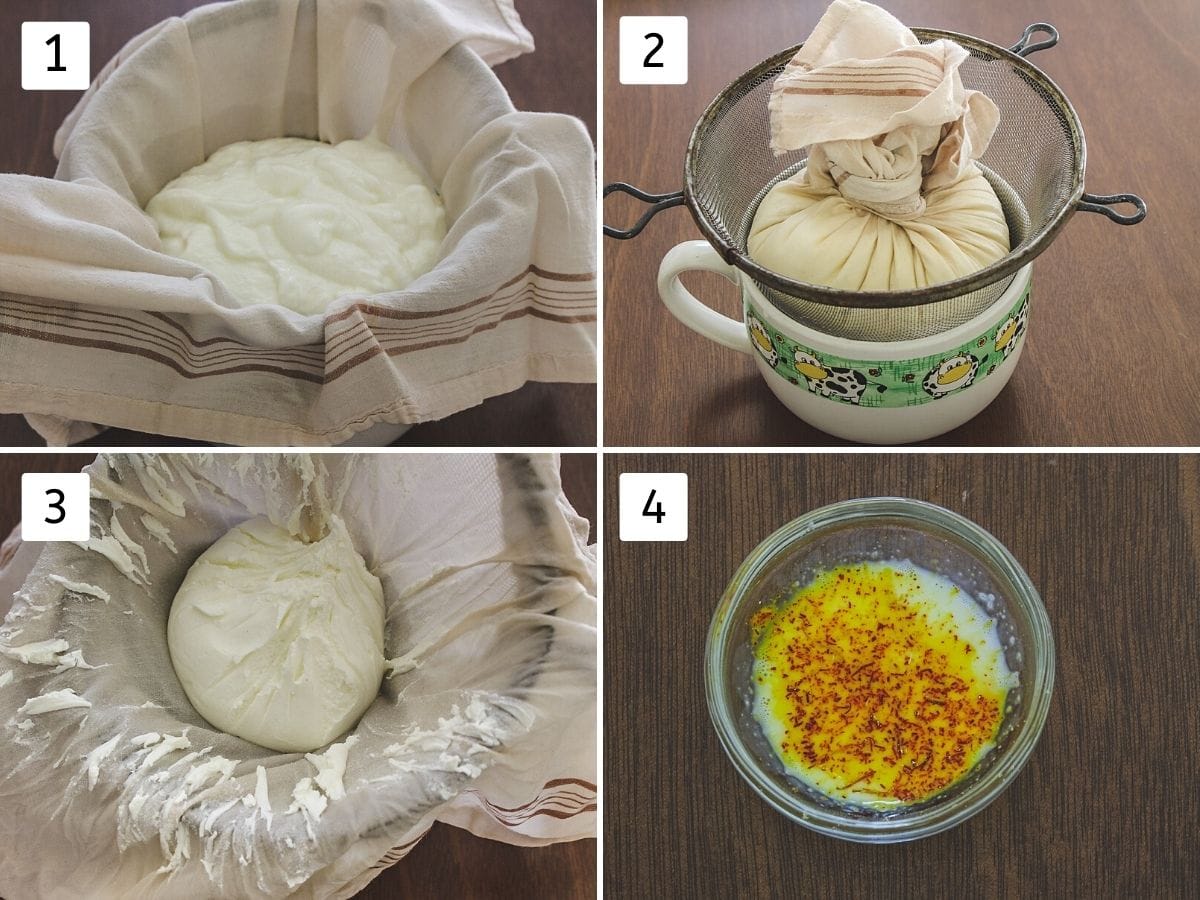 Collage of 4 steps showing tying yogurt in cloth and making hung curd, saffron-milk.