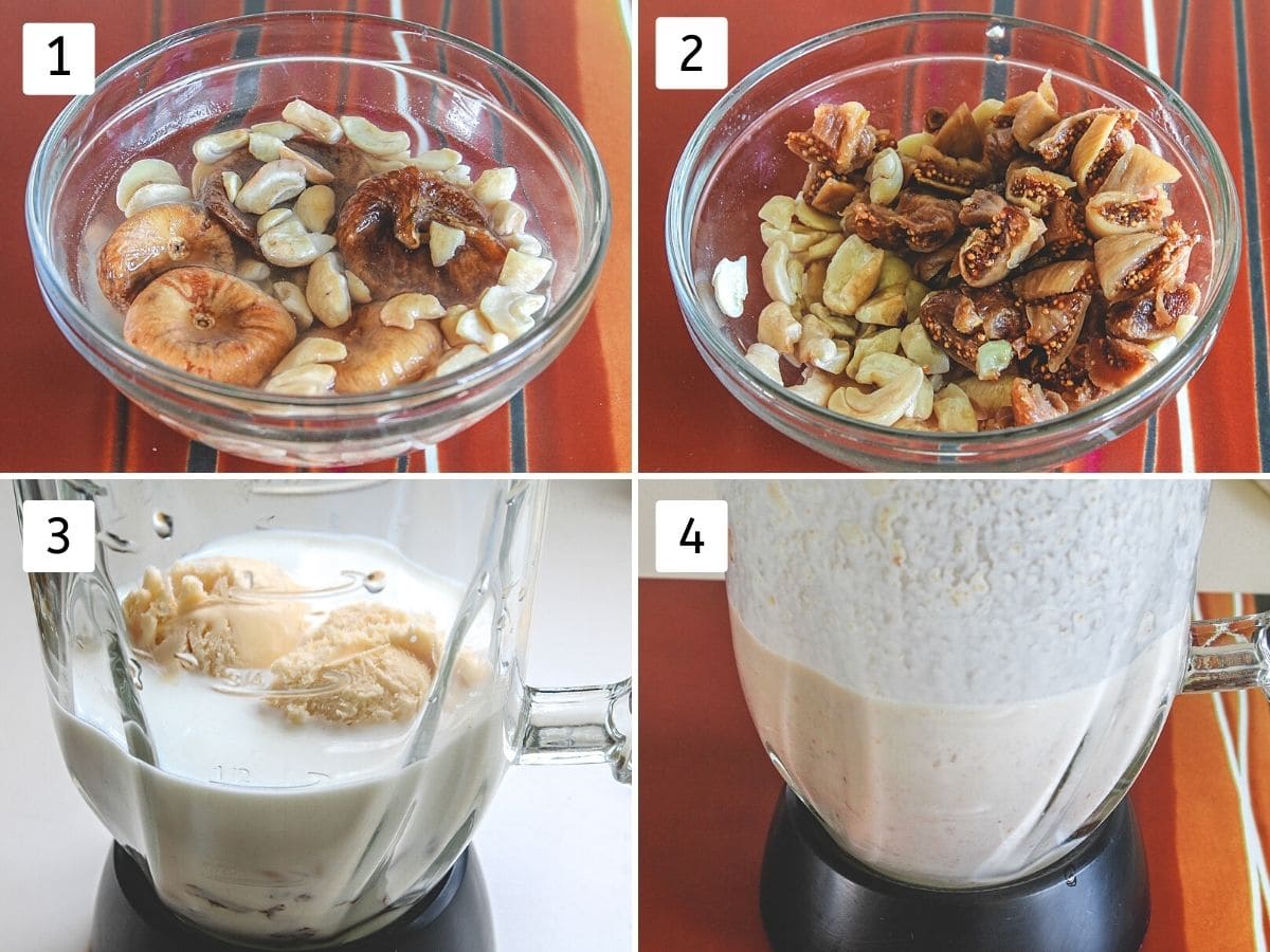 Collage of 4 images showing soaking cashews and figs, making milkshake in a blender.