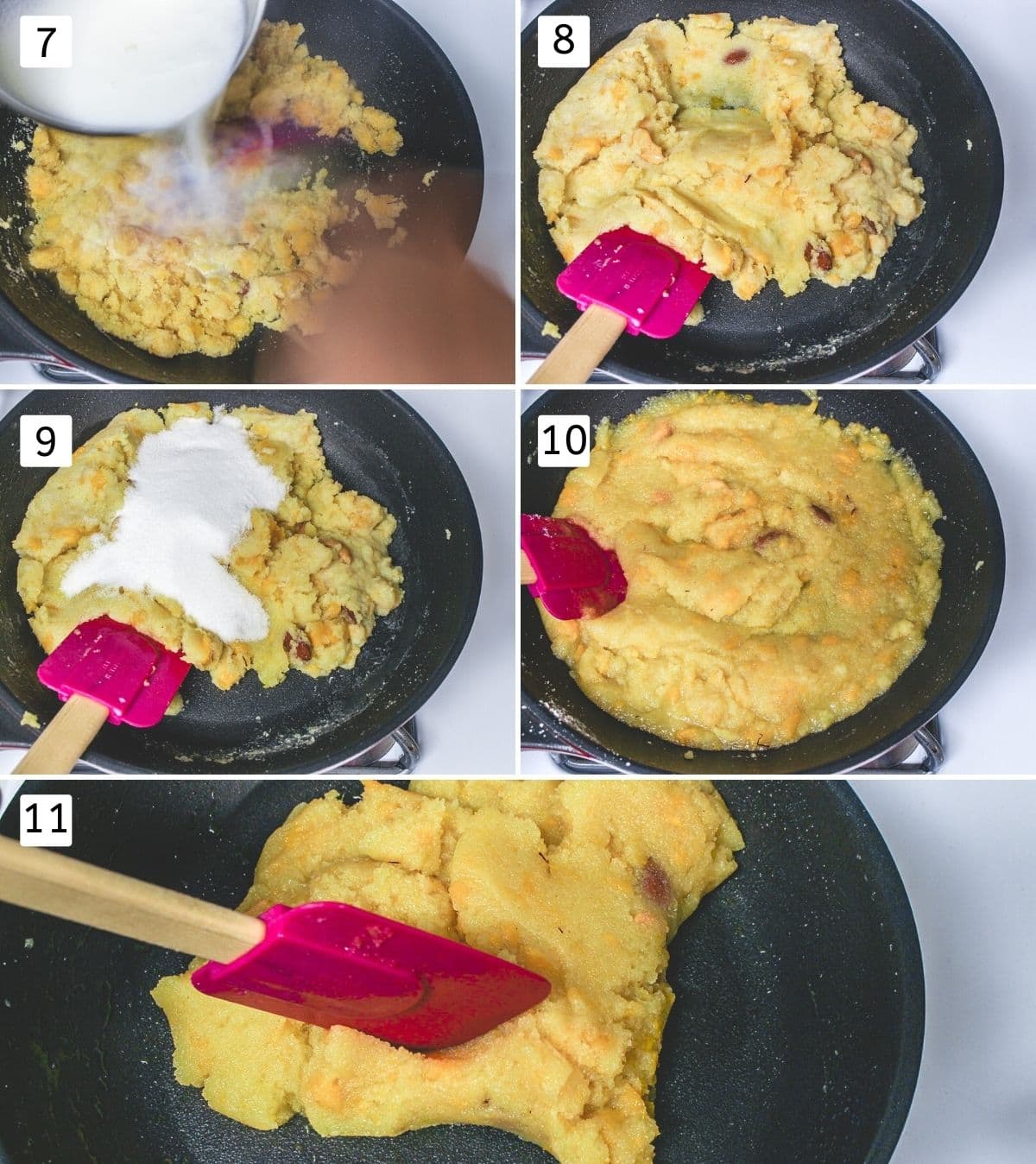 Collage of 5 steps showing adding milk, sugar and cooking.