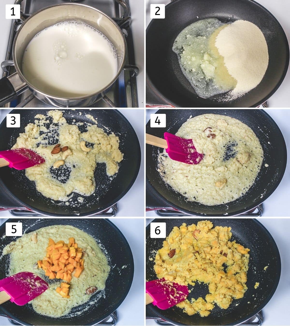 Collage of 6 steps showing warming milk, roasting semolina, adding mango and mixing.