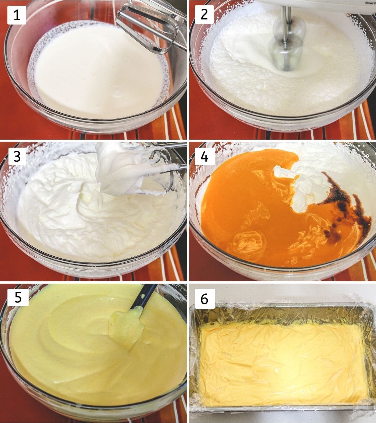 Collage of 6 steps showing whipping cream, adding mango pulp, mixing and freezing.
