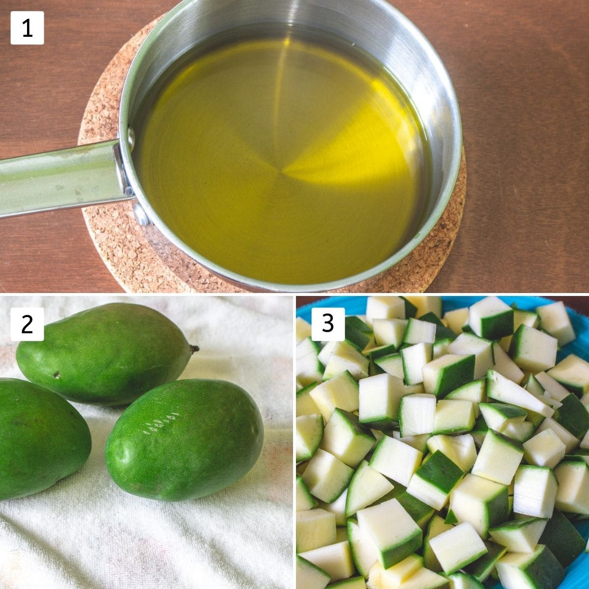 Collage of 3 images showing mustard oil in a pan, raw mangoes and cut into cubes.