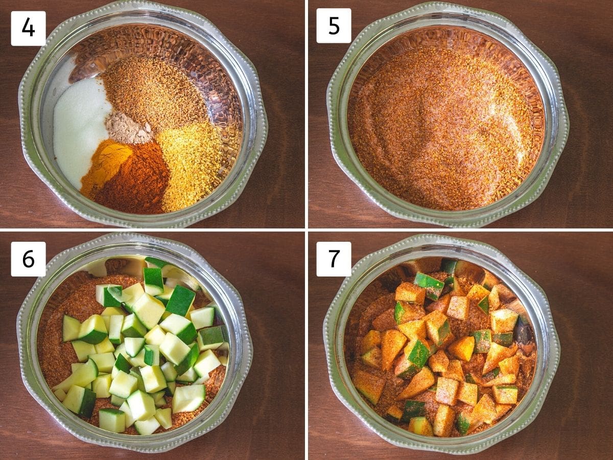 Collage of 4 images showing spices in a bowl, mixed, adding and mixing mango pieces.