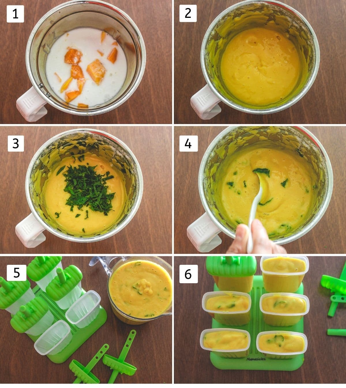 Collage of 6 images showing grinding popsicle mixture, stirring mint leaves, adding into molds.