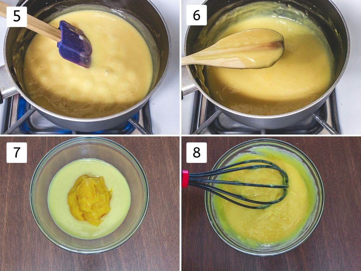 Collage of 4 images showing cooking custard, adding mango pulp to it and whisking.