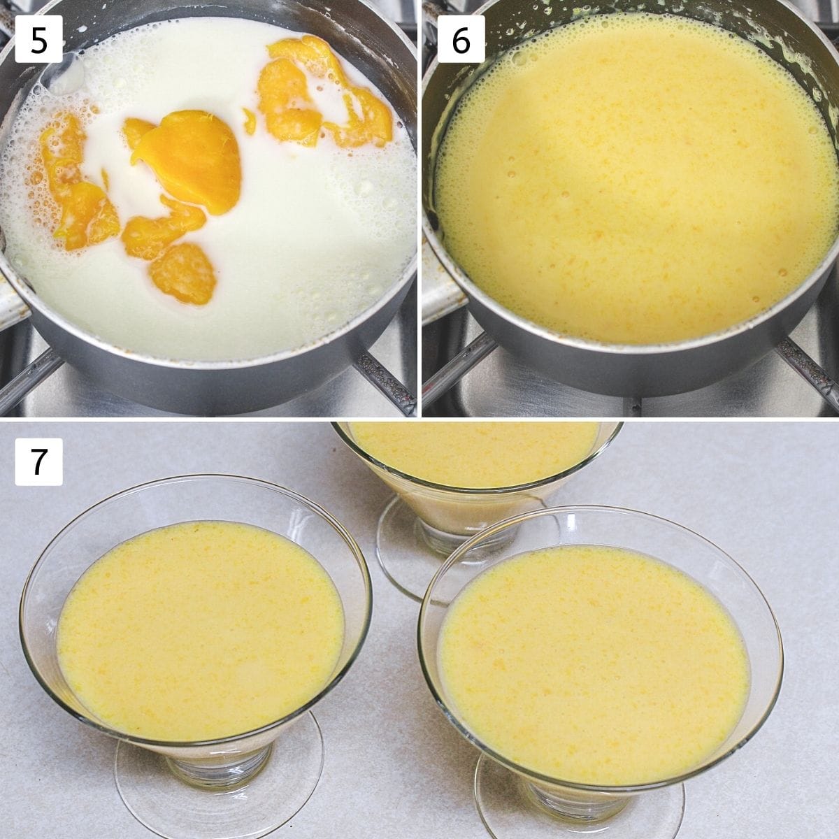 Collage of 3 images showing adding mango puree, mixing and dividing into bowls.