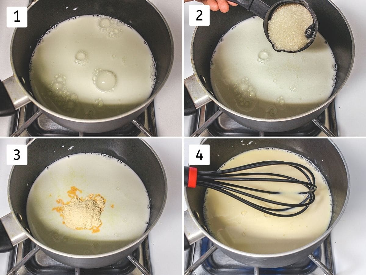 Collage of 4 images showing milk in a saucepan, adding sugar, custard powder and mixing.