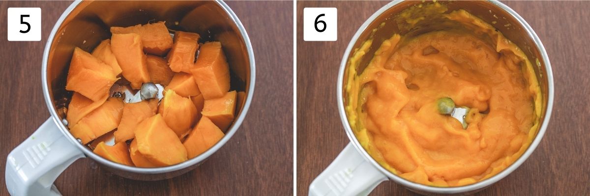 Collage of 2 images showing mango cubes in a grinder and making pulp.