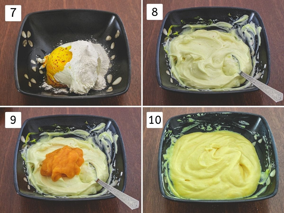 Collage of 4 steps showing adding saffron milk into yogurt, mixing, adding mango pulp and mixing.