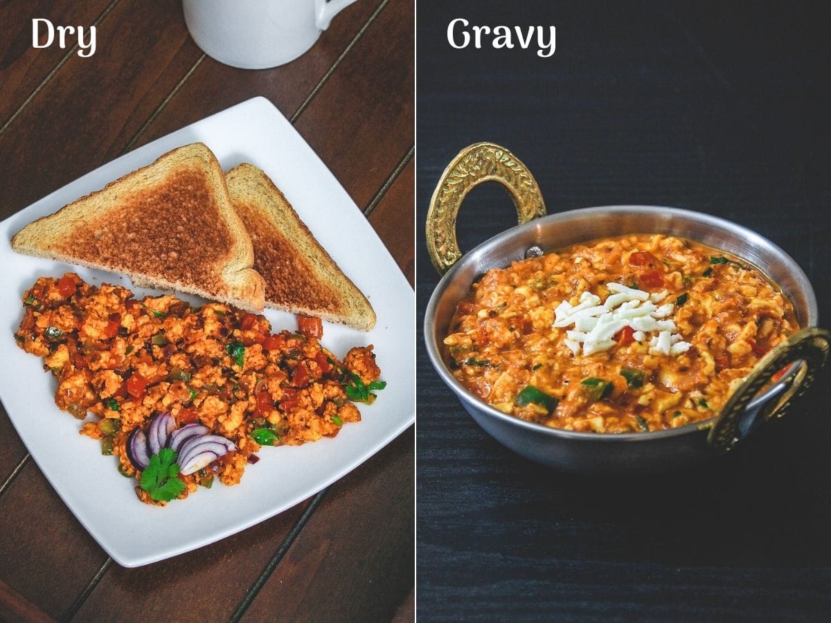 Collage of 2 images showing paneer bhurji dry with bread toast and paneer bhurji gravy on right.