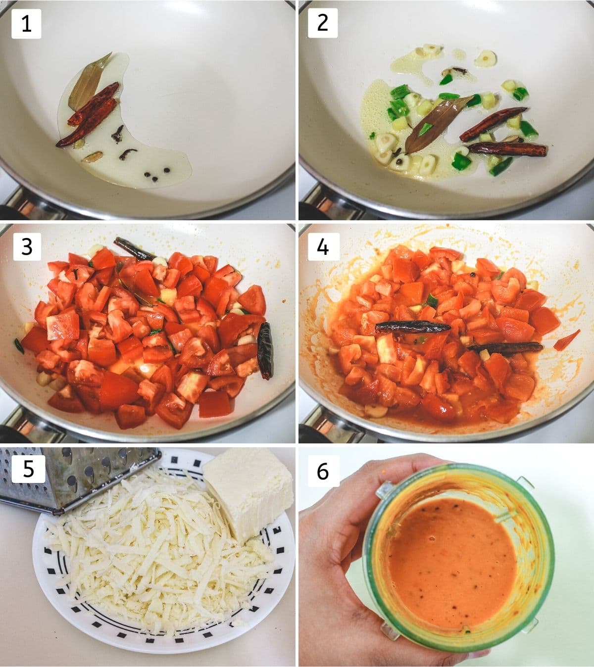 Collage of 6 images showing sauteing whole spices, ginger, garlic and tomatoes, grating paneer and grinding tomato mixture.