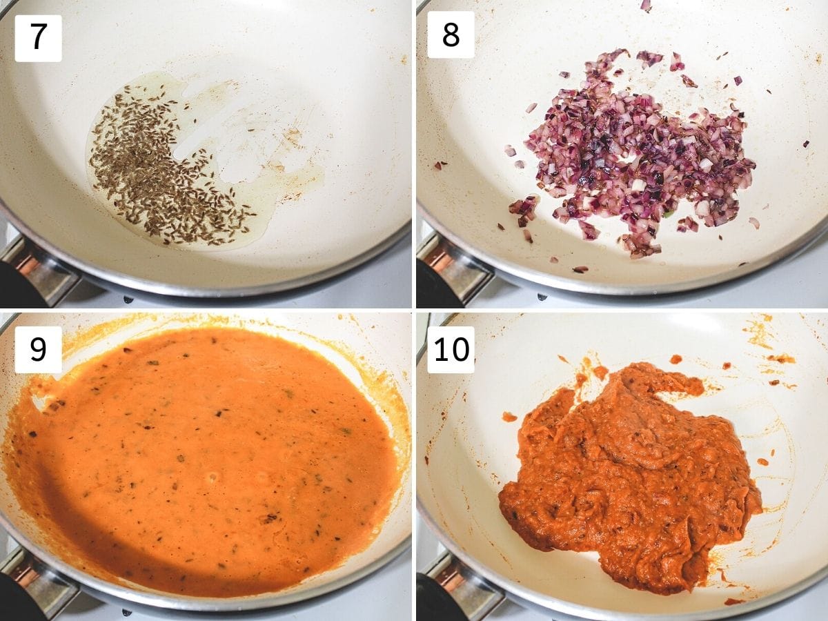 collage of 4 images showing cooking onion and simmering tomato gravy.