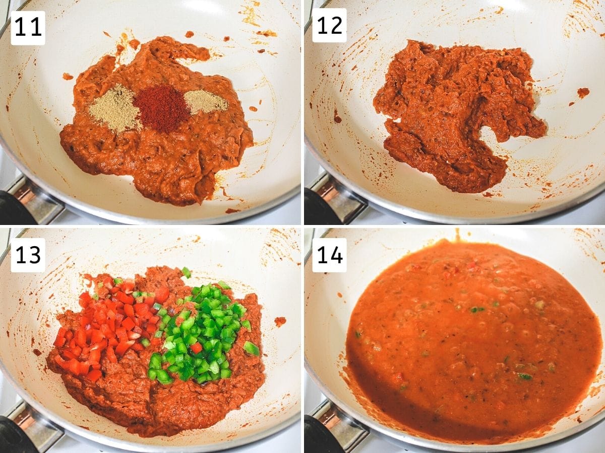 Collage of 4 image showing adding and mixing spices, adding bell peppers.