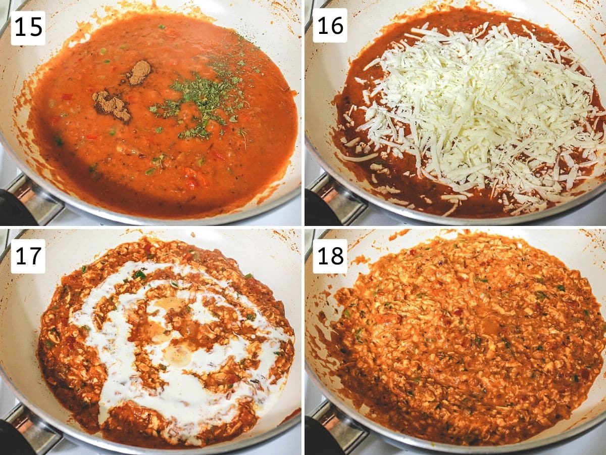 Collage of 4 images showing adding spices, grated paneer, cream into gravy.
