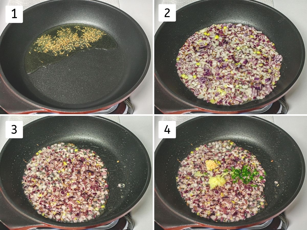 Collage of 4 image showing cooking onion and sauteing ginger, garlic, chili.