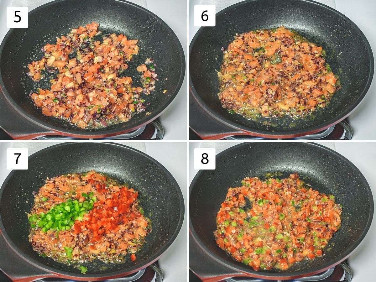 Collage of 4 images showing cooking tomato and cook peppers.