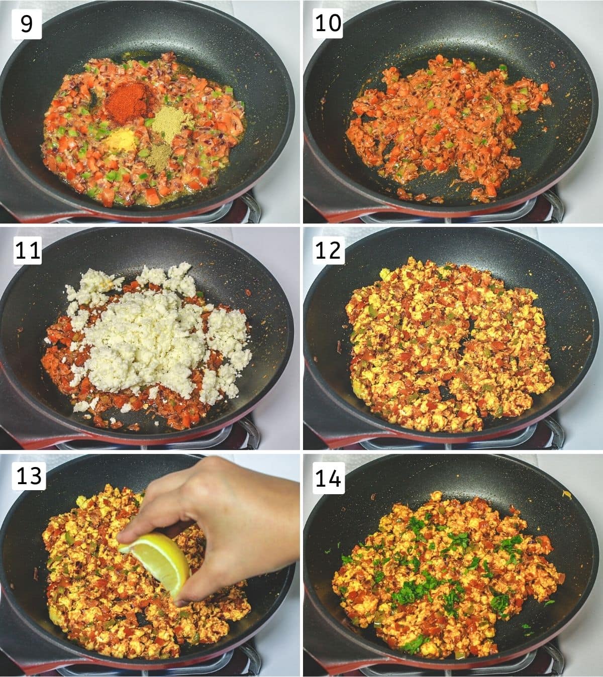 Collage of 6 images showing adding spice powders, adding grated paneer, lemon juice and cilantro.