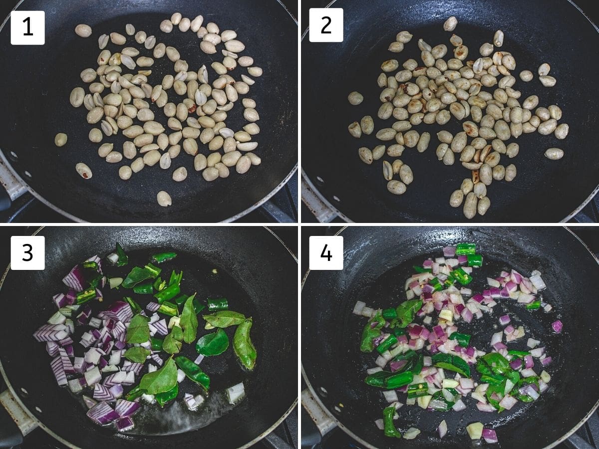 Collage of 4 images showing roasting peanuts, cooking onion mixture.