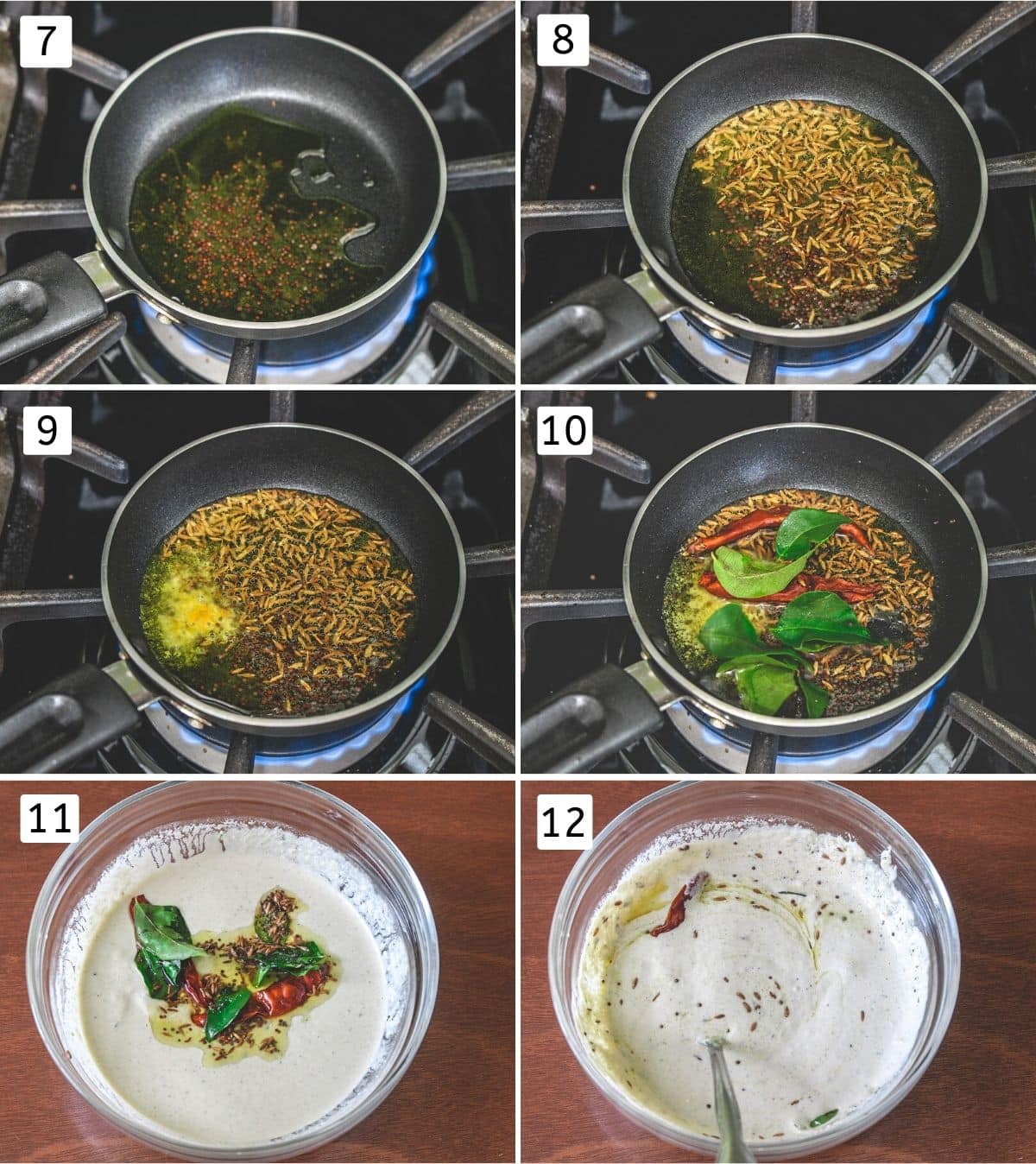 Collage of 6 inages showing tempering is made, added into the chutney and mixed.