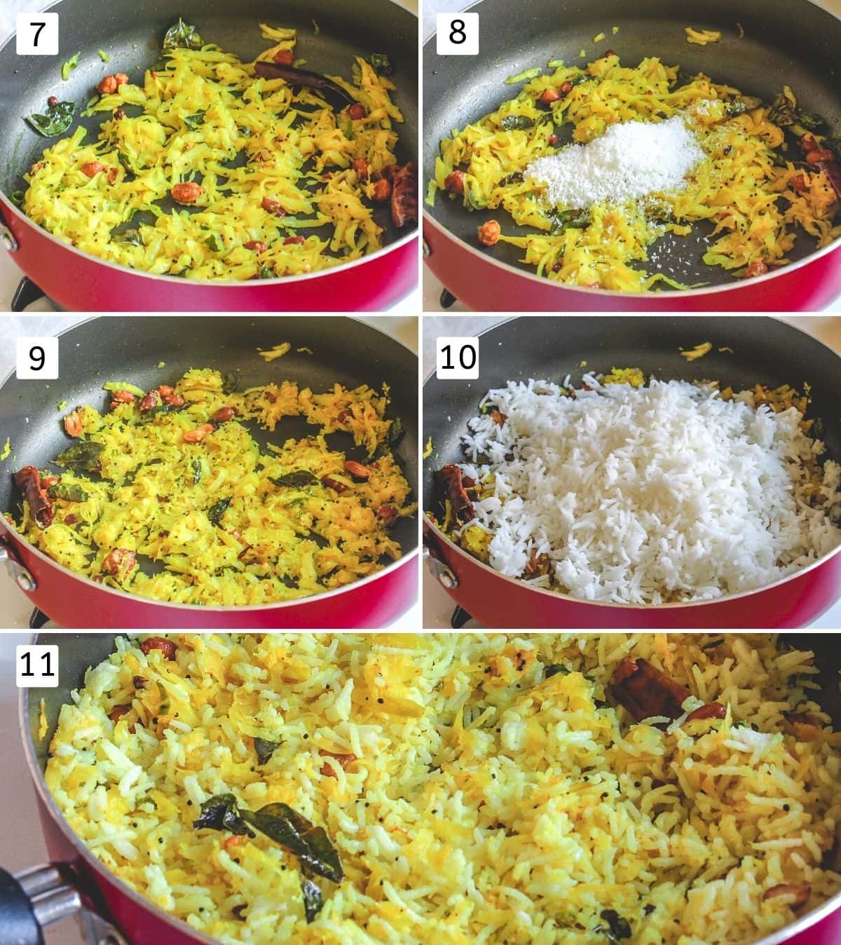 Collage of 6 images showing cooking grated mango with coconut, mixing in cooked rice.