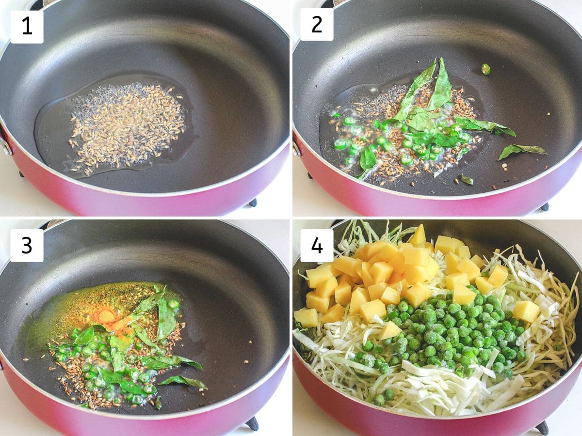 Collage of 4 images showing tempering of mustard, cumin seeds, curry leaves and green chili, adding veggies.