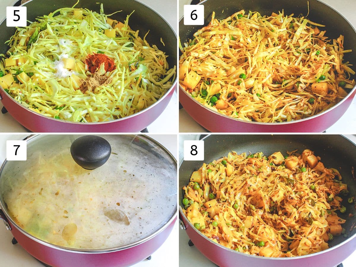 Collage of 4 images showing adding, mixing spices, covered with a lid and cooked sabzi.