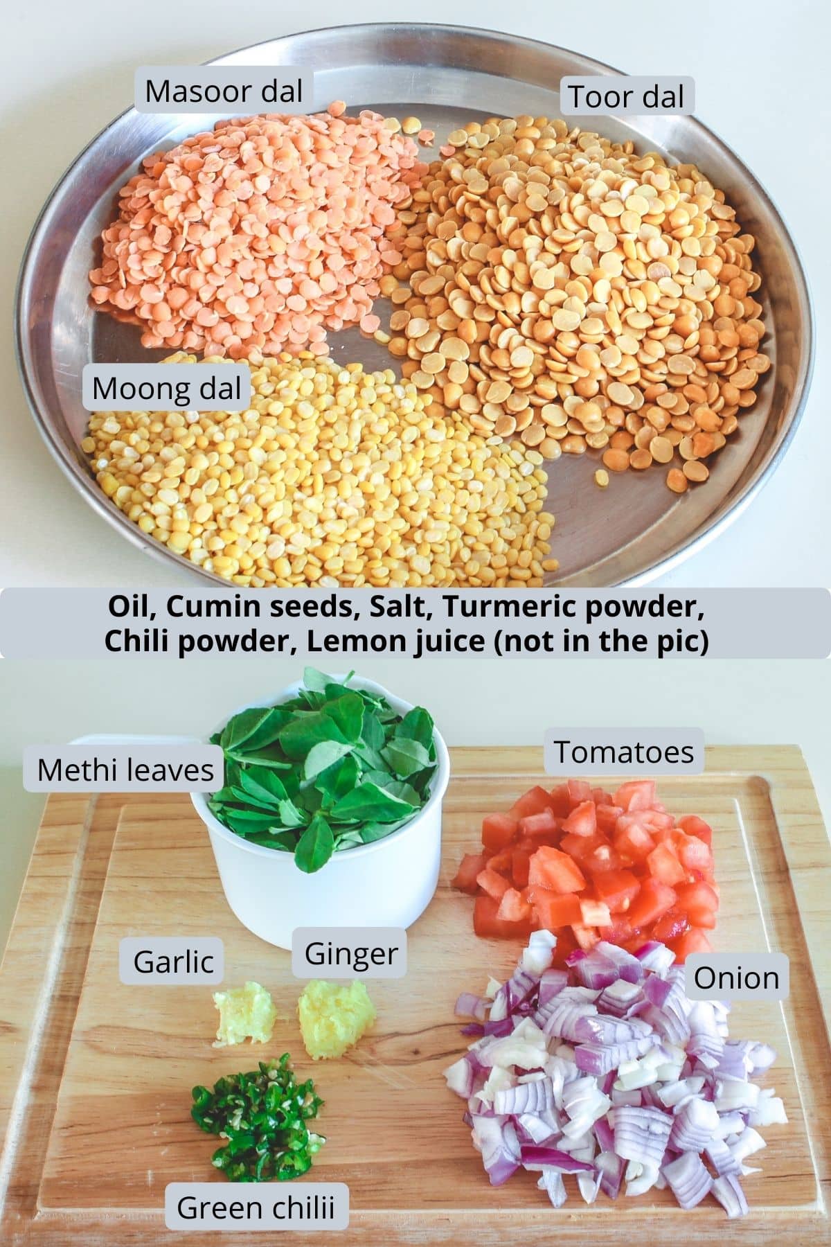 Methi dal ingredients with labels.