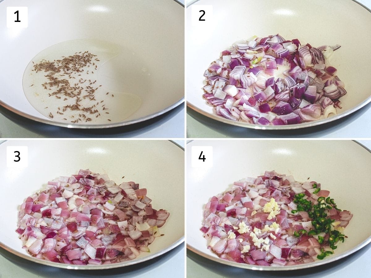 Collage of 4 images showing cooking onion, ginger, garlic and chili.