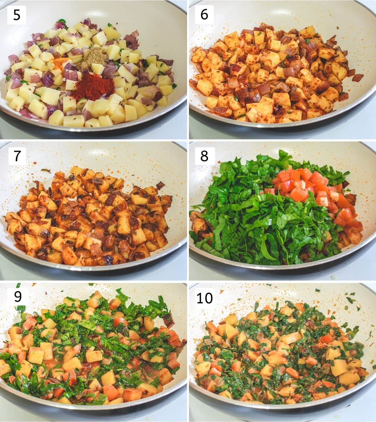 Collage of 6 images showing cooking potatoes with spices, adding and cooking spinach.